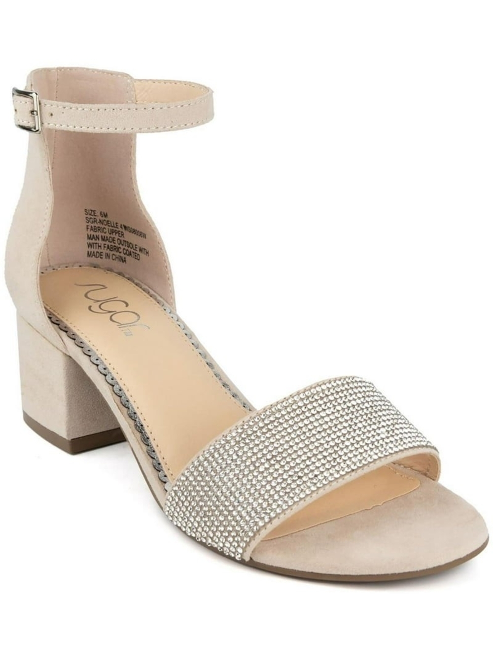 Block Heel Ankle Strap Sandal in Nude with Crystal Strap. 9.5